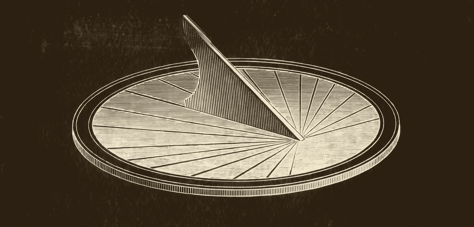 Engraved horizontal sundial, light strokes on a dark plate